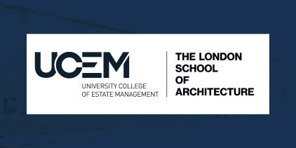 UCEM and London School of Architecture logos in a lock-up against a blue background